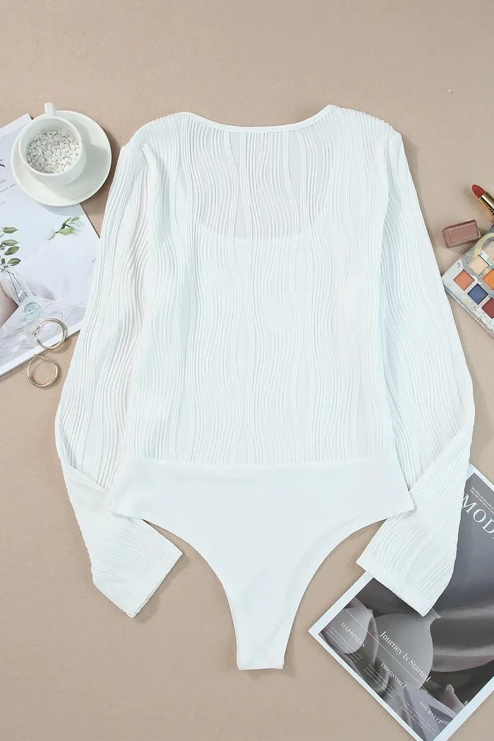 Elegant Stitching Solid Color Water Ripple Long Sleeve U-collar Jumpsuit