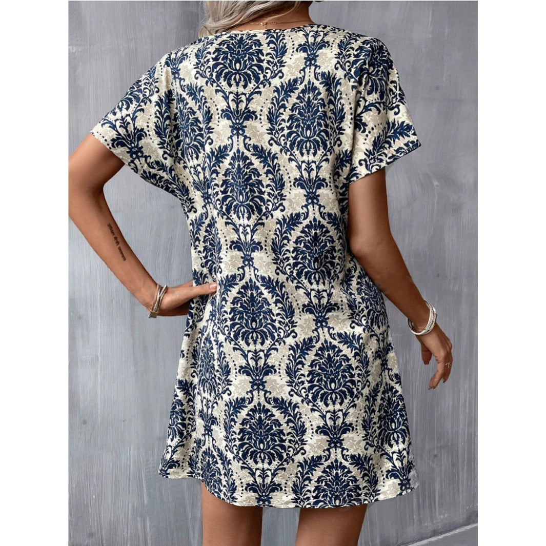 Summer Full-body Printed Notched Collar Batwing Sleeve Dress