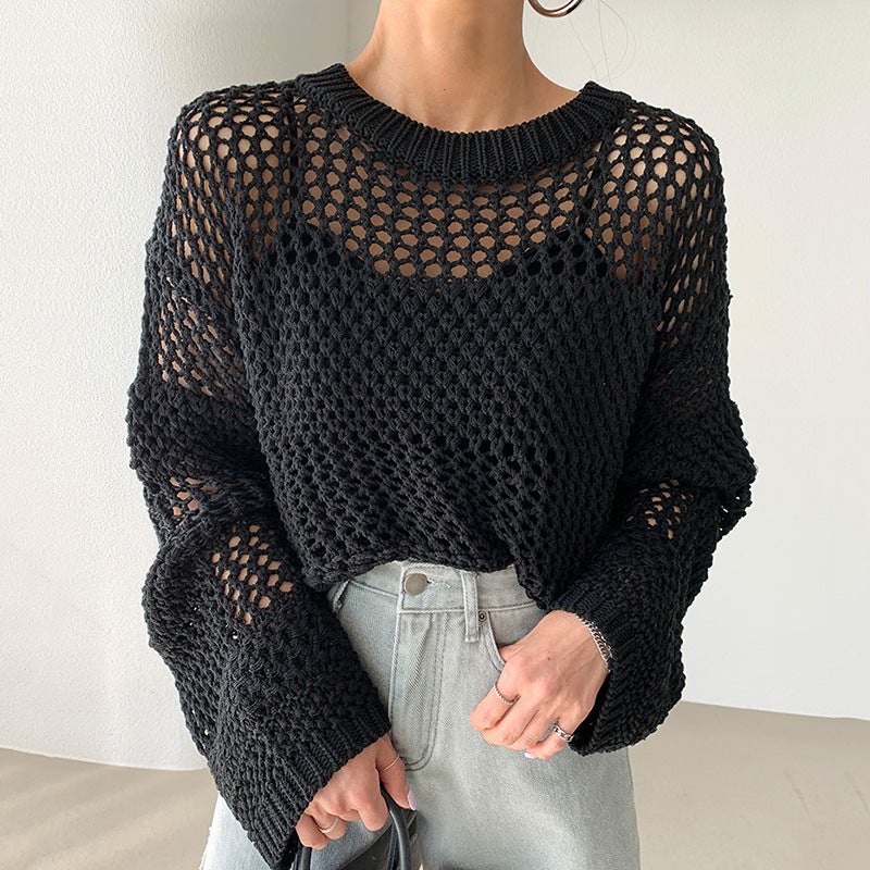 Elegant Retro Round Neck Exquisite Hollow-out Transparent Design Loose Sweater