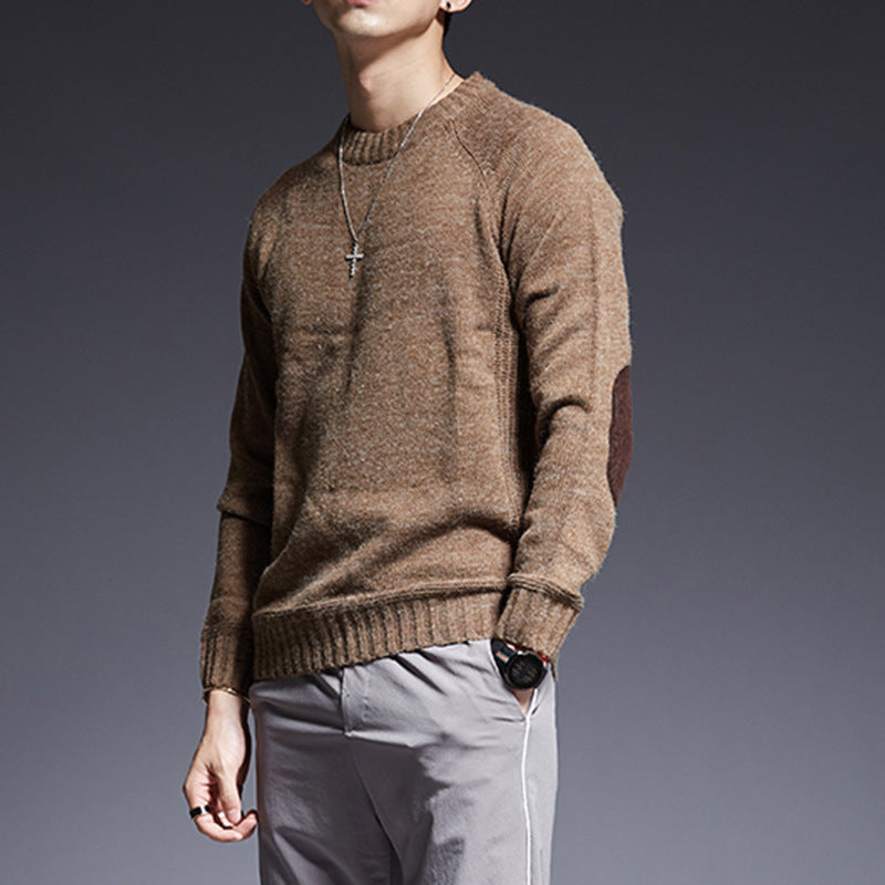 Sleeve patch round neck fashion youth men's sweater