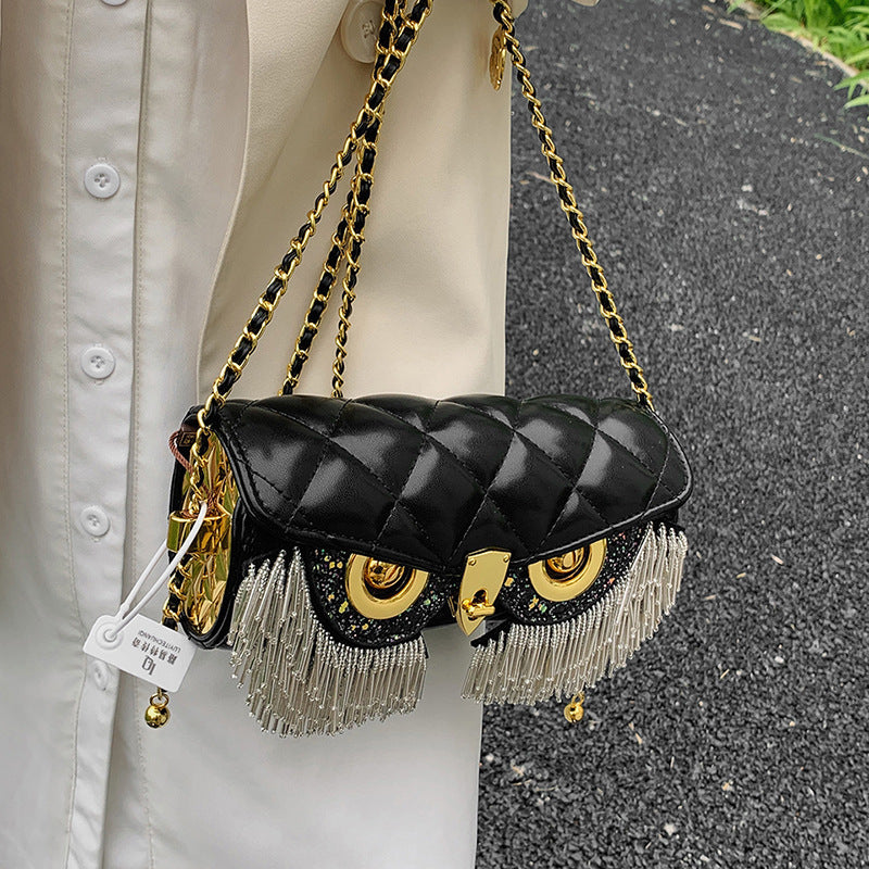 Rhombus Tassel Owl-shaped Shoulder Chain Bag