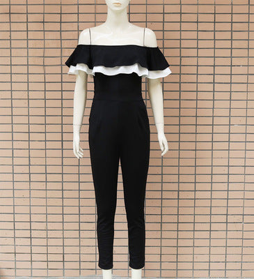 Tube top ruffled black and white slim fit overalls