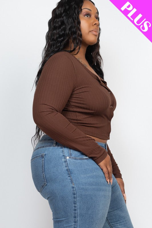 Plus Size Long Sleeve Snap Button Down Crop Top