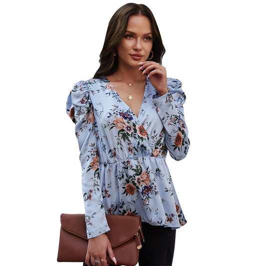 Casual Fashion Women's V-Neck Printed Women's Blouse