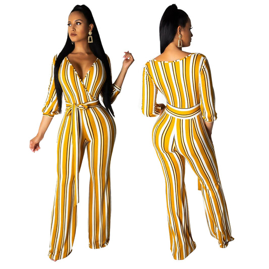 Wear Fashionable Striped Printed Wide-Leg Jumpsuits