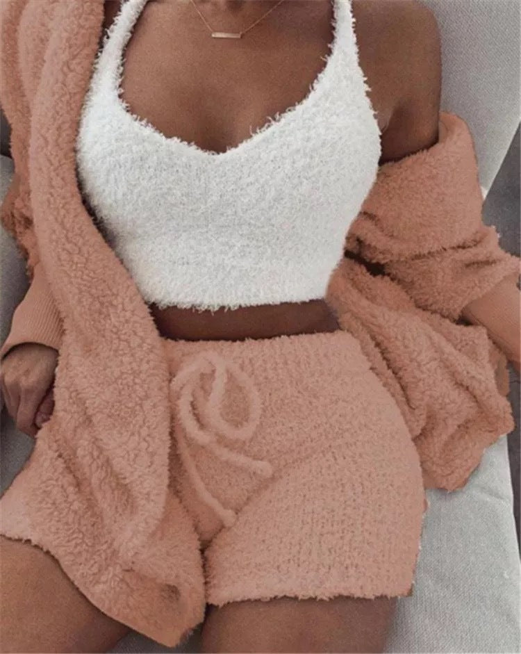 Home Wear Suit Casual Pajamas Set Lady Female Soft Warm Long Sleeve Exposed Navel Vest Shorts Set