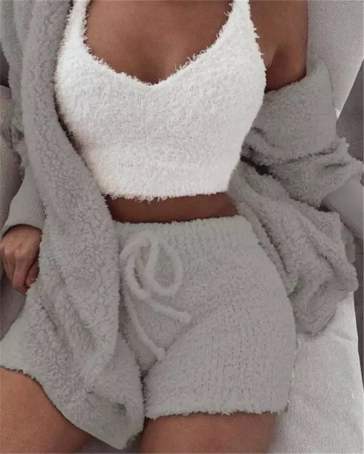 Home Wear Suit Casual Pajamas Set Lady Female Soft Warm Long Sleeve Exposed Navel Vest Shorts Set