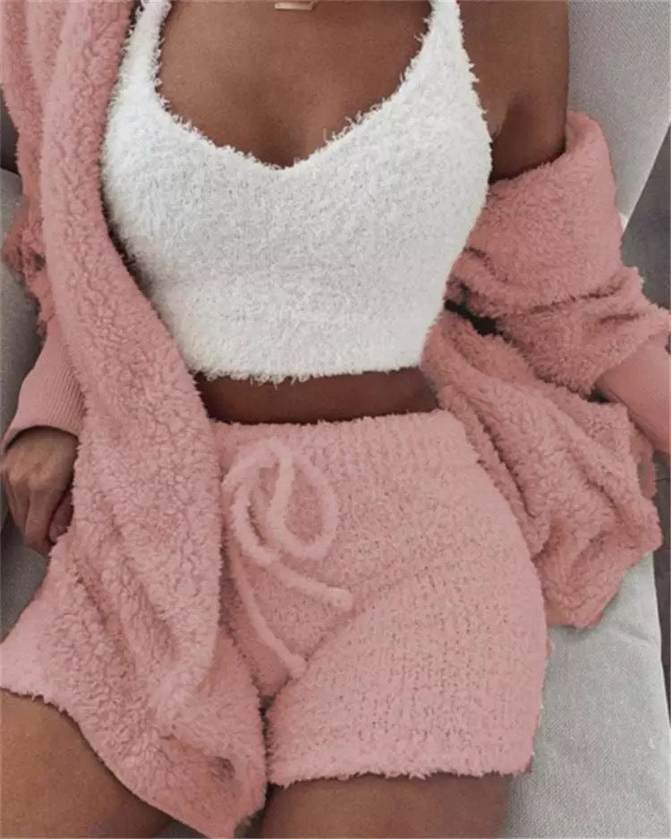 Home Wear Suit Casual Pajamas Set Lady Female Soft Warm Long Sleeve Exposed Navel Vest Shorts Set