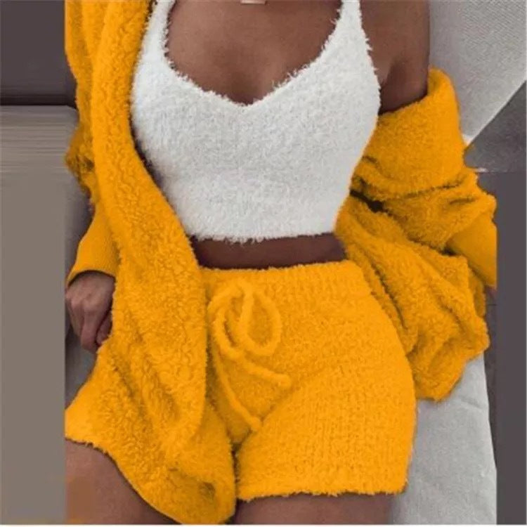 Home Wear Suit Casual Pajamas Set Lady Female Soft Warm Long Sleeve Exposed Navel Vest Shorts Set