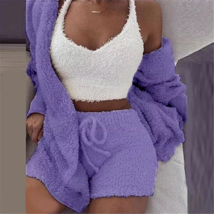 Home Wear Suit Casual Pajamas Set Lady Female Soft Warm Long Sleeve Exposed Navel Vest Shorts Set