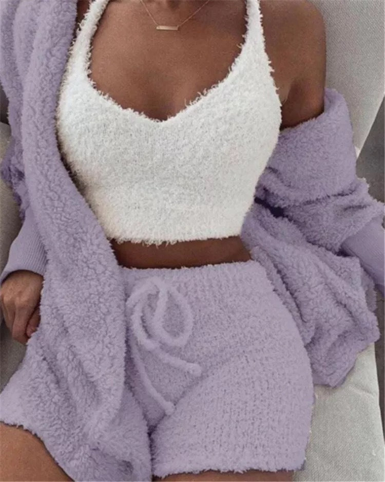 Home Wear Suit Casual Pajamas Set Lady Female Soft Warm Long Sleeve Exposed Navel Vest Shorts Set