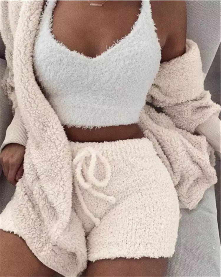 Home Wear Suit Casual Pajamas Set Lady Female Soft Warm Long Sleeve Exposed Navel Vest Shorts Set