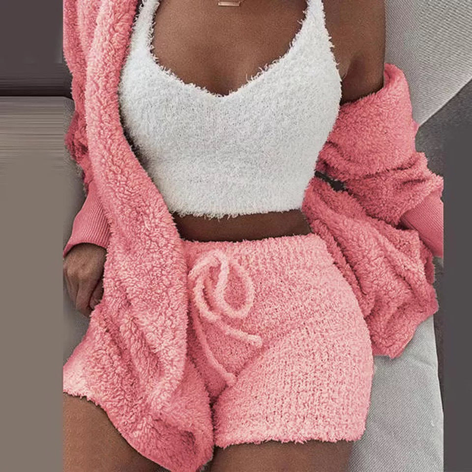 Home Wear Suit Casual Pajamas Set Lady Female Soft Warm Long Sleeve Exposed Navel Vest Shorts Set