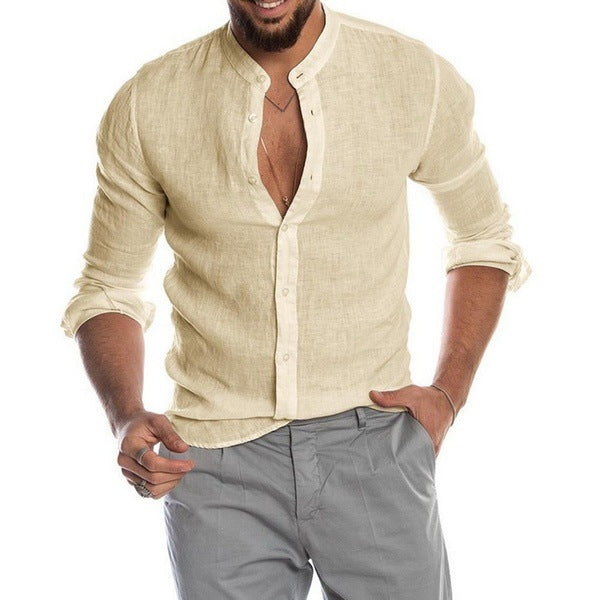 Cardigan Stand Collar Long Sleeve Shirt Men's Clothing