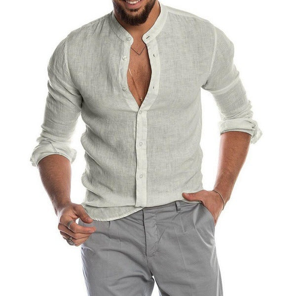 Cardigan Stand Collar Long Sleeve Shirt Men's Clothing