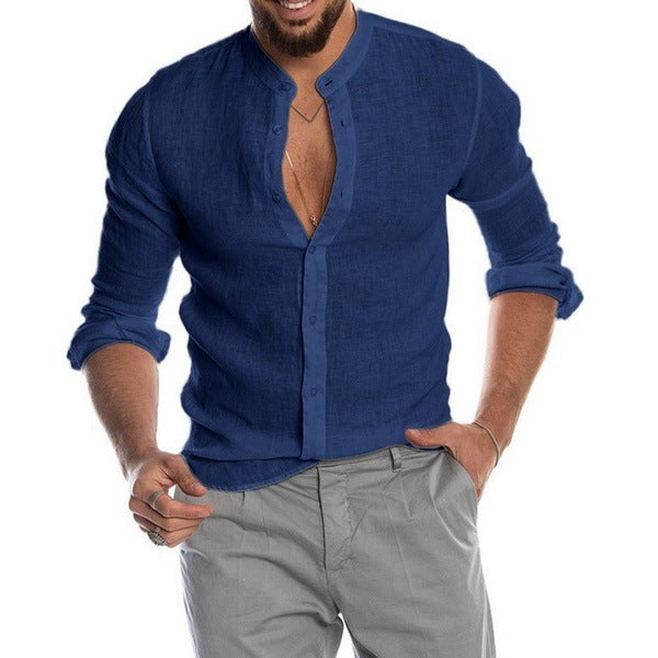 Cardigan Stand Collar Long Sleeve Shirt Men's Clothing