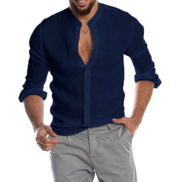 Cardigan Stand Collar Long Sleeve Shirt Men's Clothing