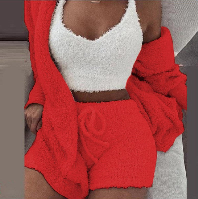 Home Wear Suit Casual Pajamas Set Lady Female Soft Warm Long Sleeve Exposed Navel Vest Shorts Set