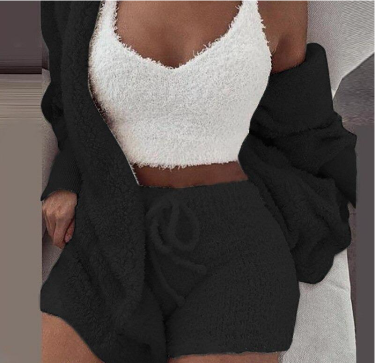 Home Wear Suit Casual Pajamas Set Lady Female Soft Warm Long Sleeve Exposed Navel Vest Shorts Set