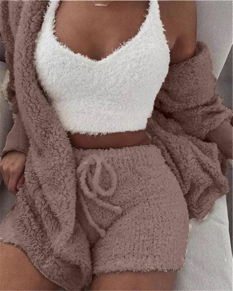 Home Wear Suit Casual Pajamas Set Lady Female Soft Warm Long Sleeve Exposed Navel Vest Shorts Set