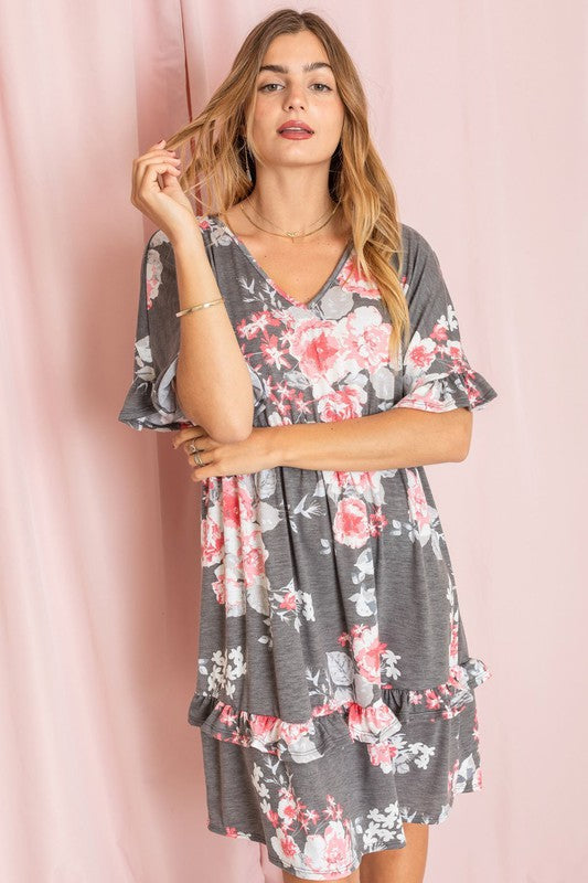 Plus Floral V Neck Ruffle Dress