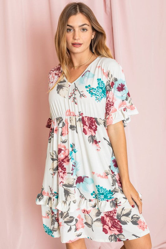 Plus Floral V Neck Ruffle Dress