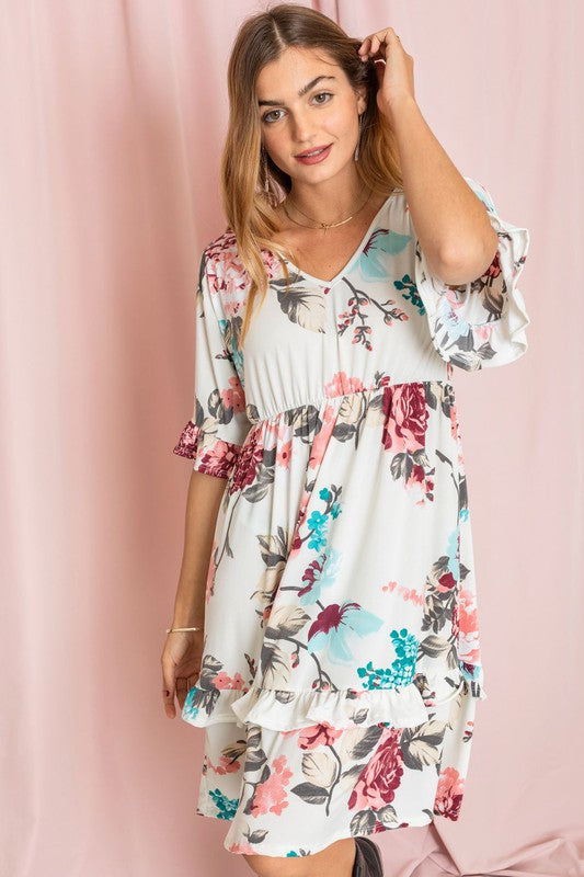 Plus Floral V Neck Ruffle Dress