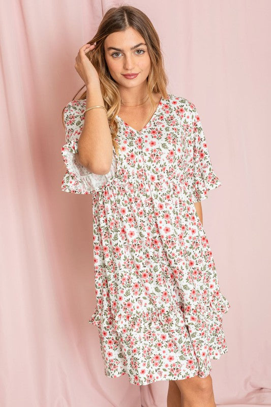 Plus Floral V Neck Ruffle Dress