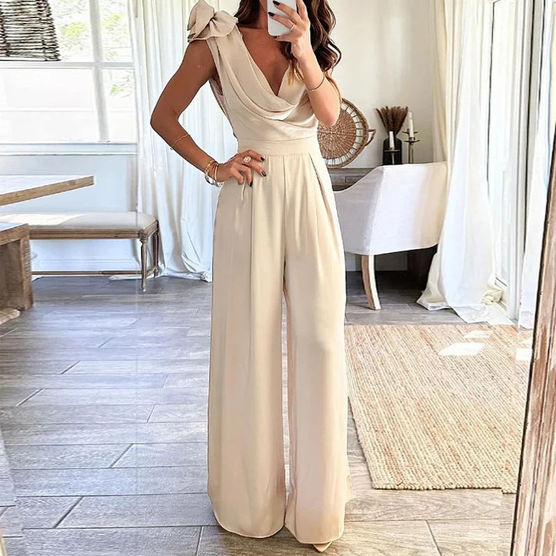 Low Collar Solid Color Elegant Waist Wide Leg Jumpsuit