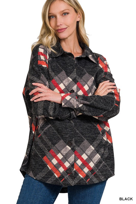 Jacquard Plaid Shacket With Pockets