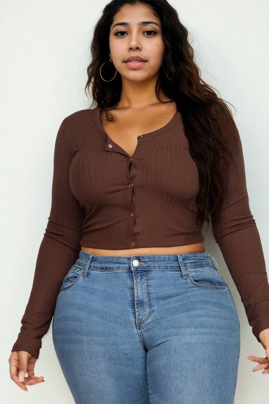 Plus Size Long Sleeve Snap Button Down Crop Top