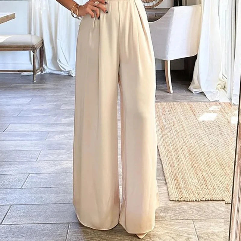 Low Collar Solid Color Elegant Waist Wide Leg Jumpsuit