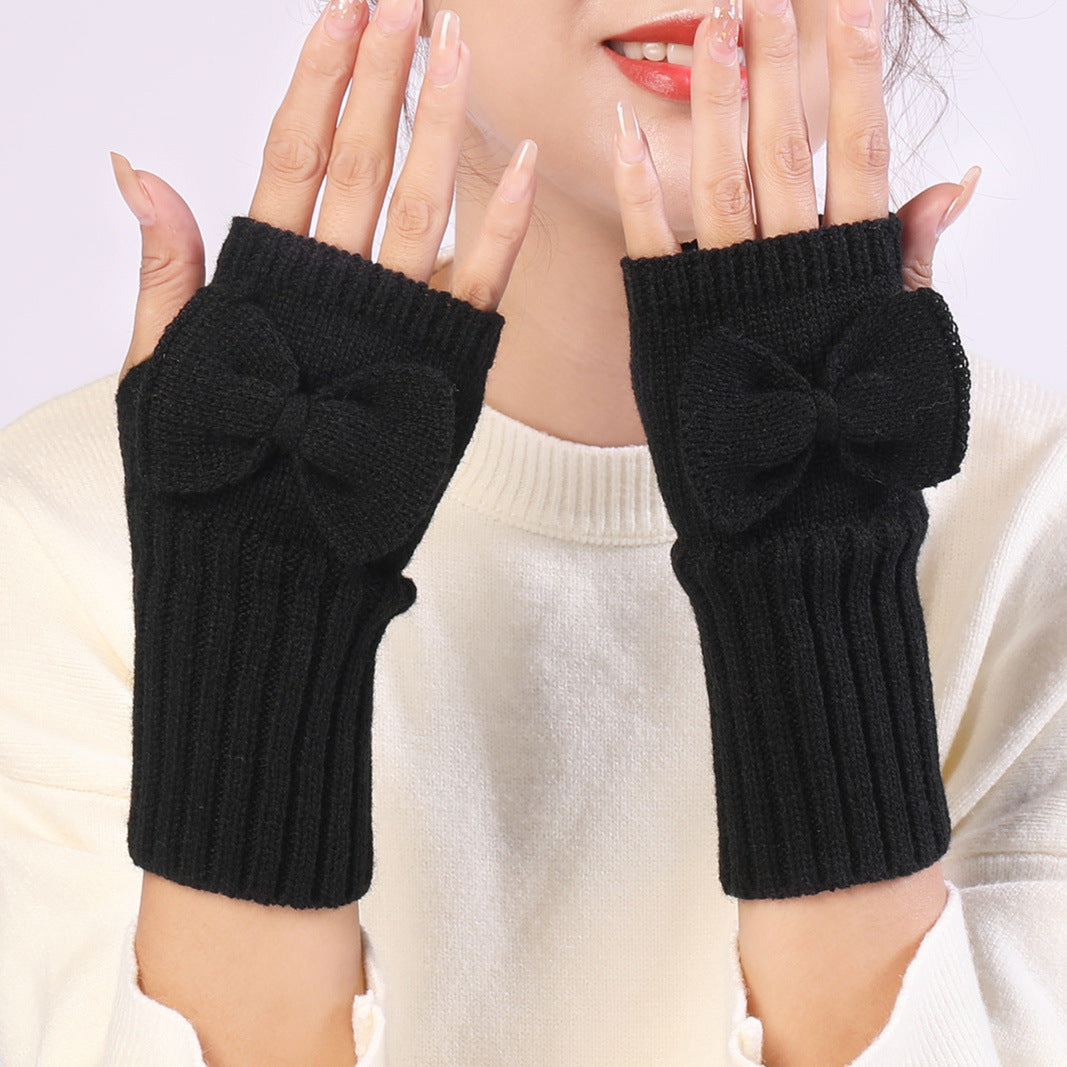 Bow Knitted Wool Keep Warm Half Finger Fingerless Gloves