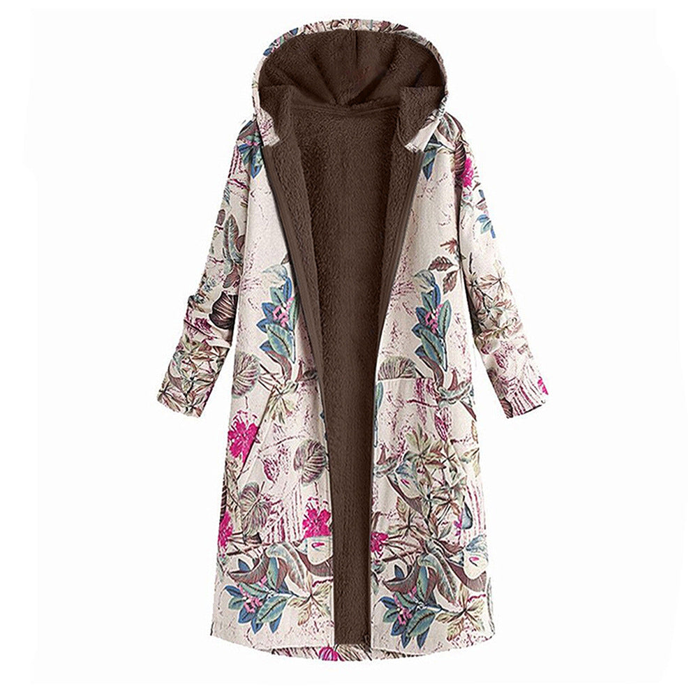 Vintage Print Cotton Hooded Zip Long Fleece Ladies Coat