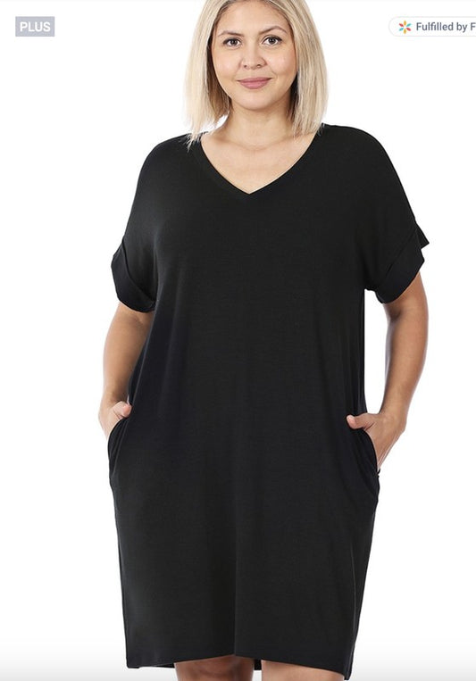 Plus Rolled Short Sleeve V-Neck Dress