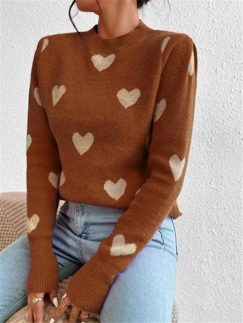 Heart-shaped Pattern Loose Round Neck Knitted Pullover Sweater