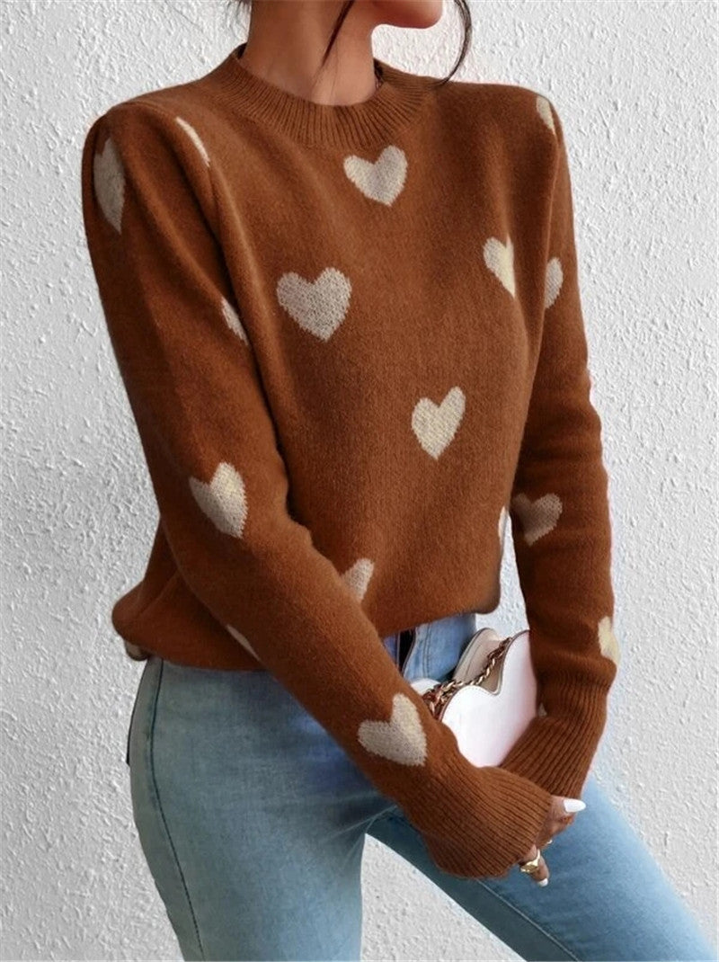 Heart-shaped Pattern Loose Round Neck Knitted Pullover Sweater