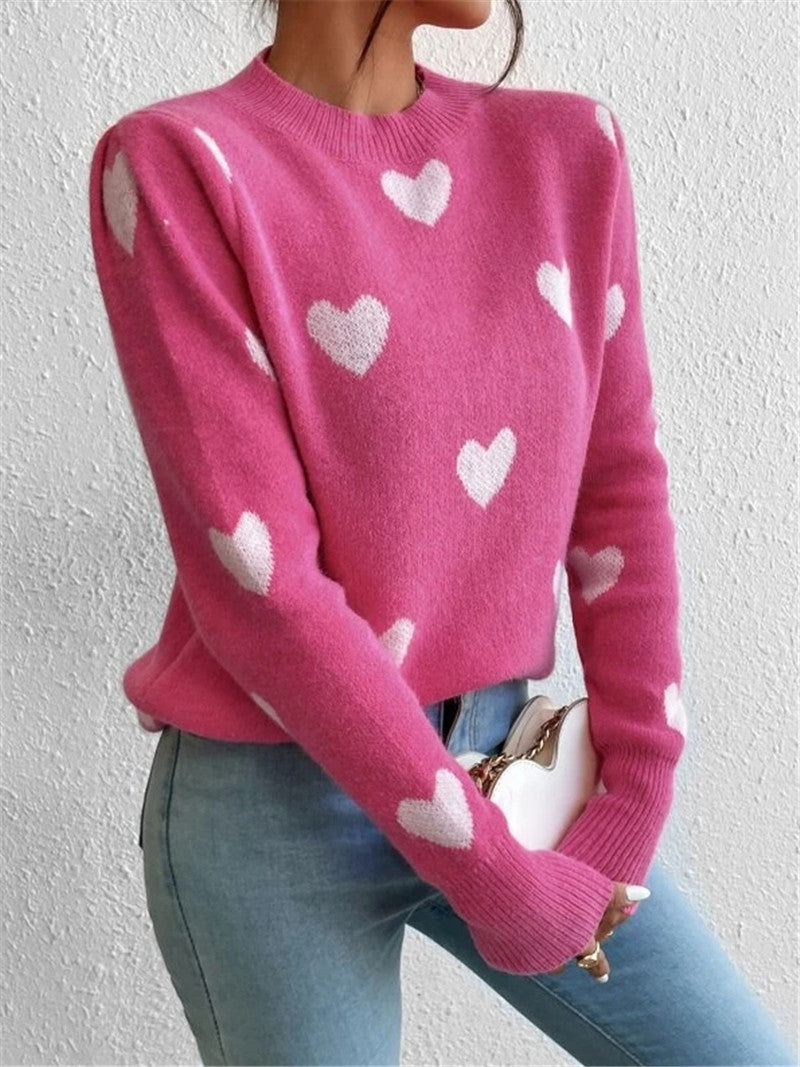 Heart-shaped Pattern Loose Round Neck Knitted Pullover Sweater