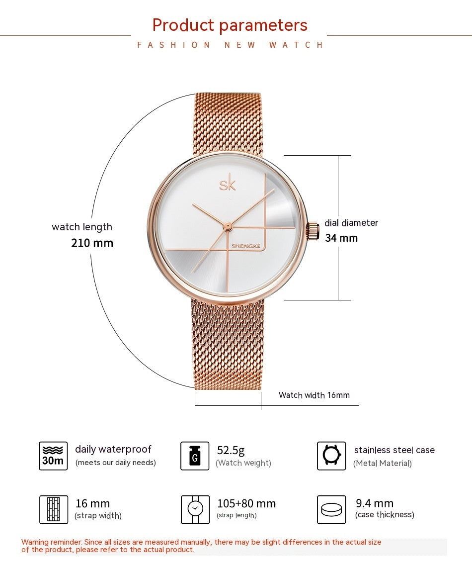 Women's Fashion Simple Geometric Quartz Watch Mesh Strap Watch