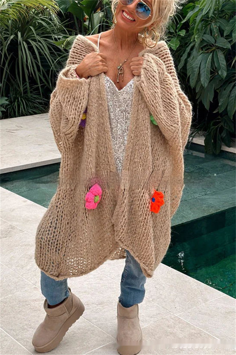 Hand Crocheting Flowers Long Cardigan Jacket Idle Style Casual Loose Sweater