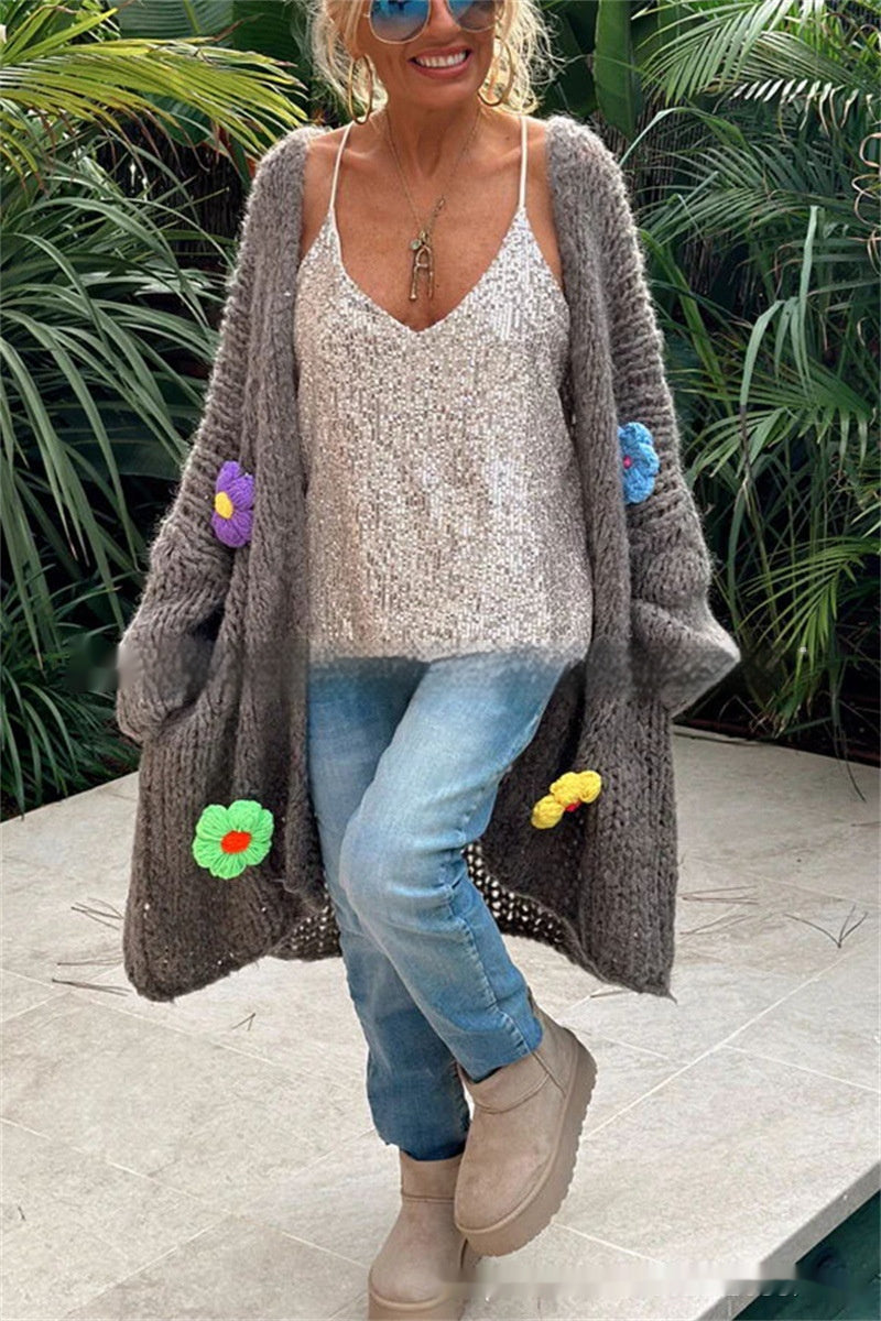 Hand Crocheting Flowers Long Cardigan Jacket Idle Style Casual Loose Sweater