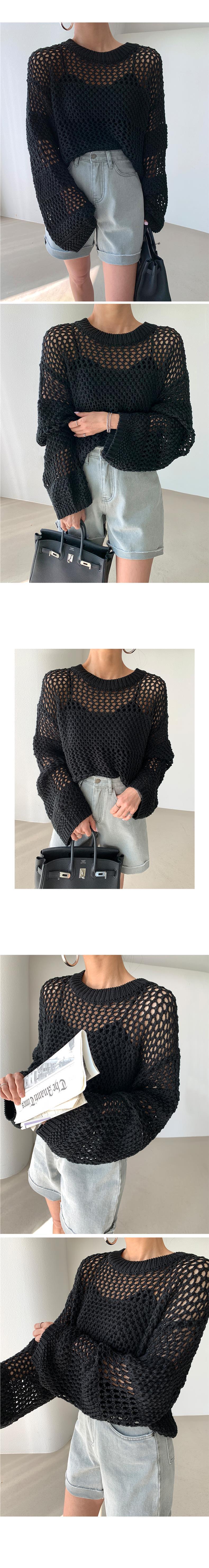 Elegant Retro Round Neck Exquisite Hollow-out Transparent Design Loose Sweater