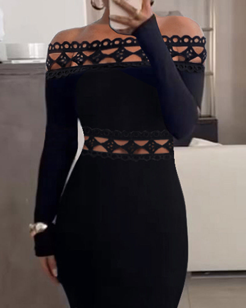 Off-shoulder Patch Long Sleeve Solid Color Lace Stitching Off-shoulder Dress