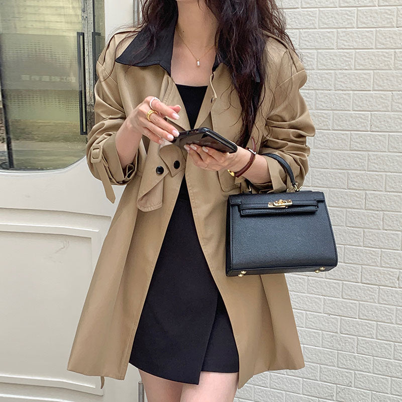 Vintage Minority Color Contrast Lapel One Button Lace Up Coat