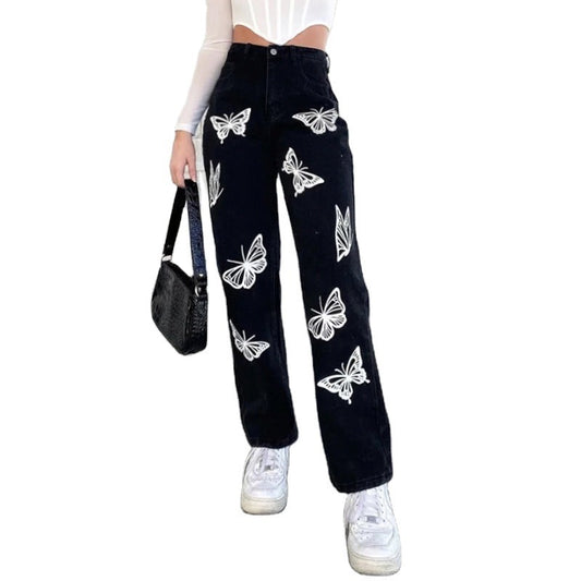 Butterfly Print High-Waisted Straight-Leg Jeans