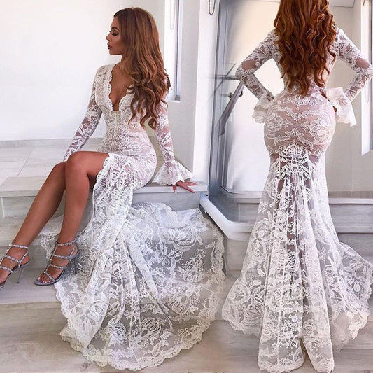 Sexy Deep V Lace Split Fishtail Skirt