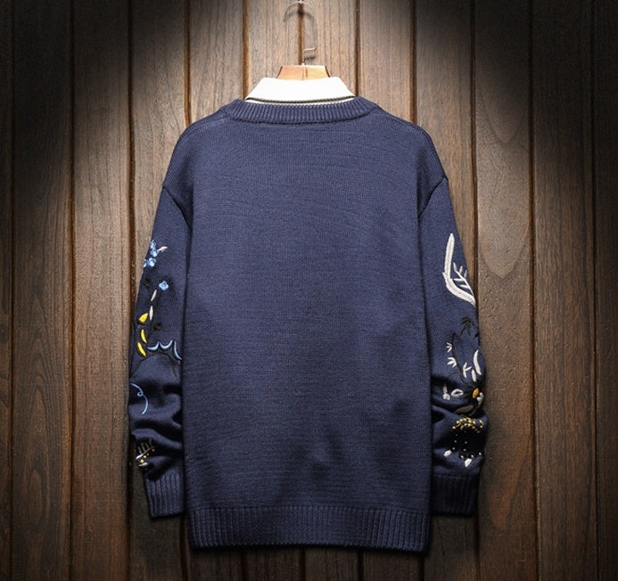 Printed embroidery crew neck sweater