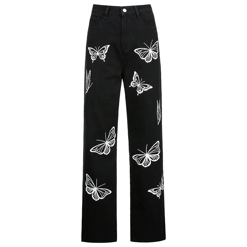 Butterfly Print High-Waisted Straight-Leg Jeans