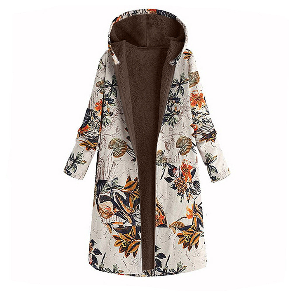 Vintage Print Cotton Hooded Zip Long Fleece Ladies Coat