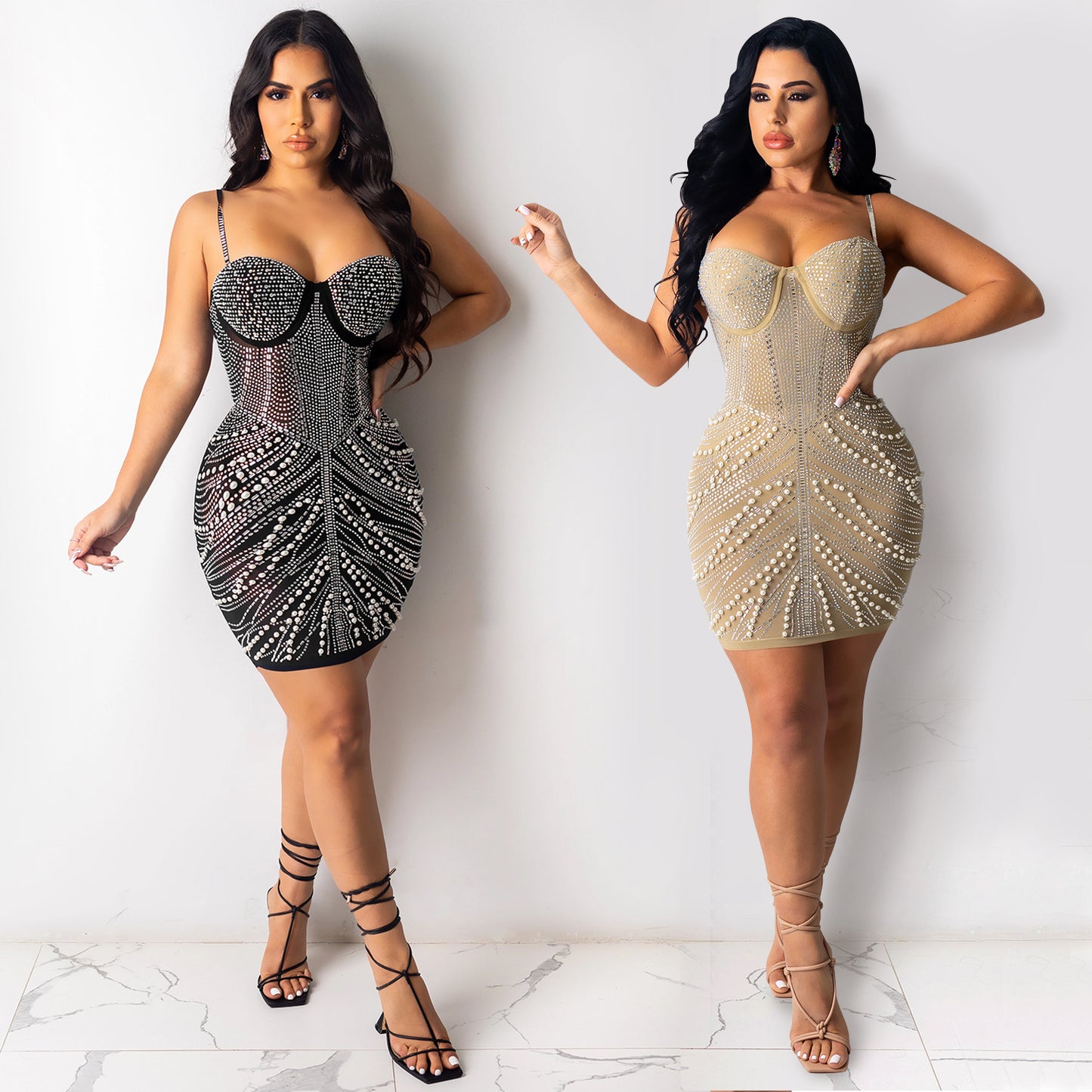 Sexy Wrapped Chest Sling Hot Rhinestone Nightclub Ladies Dress